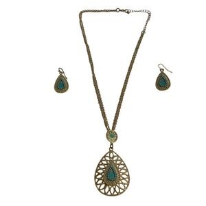 Teardrop Necklace‎ Earring Set Gold Tone Turquoise Color Bohemian Jewelry